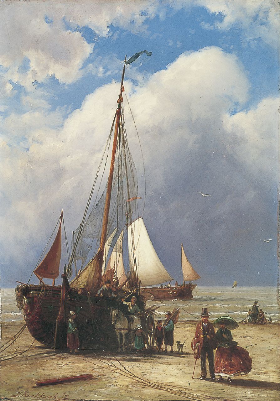 Koekkoek jr. H. | Hermanus Koekkoek jr., Bomschuit op het strand met vissers en wandelaars, olieverf op paneel 38,5 x 27,2 cm, gesigneerd linksonder Koekkoek jr. H. | Hermanus Koekkoek jr., Bomschuit op het strand met vissers en wandelaars, olieverf op paneel 38,5 x 27,2 cm, gesigneerd linksonder