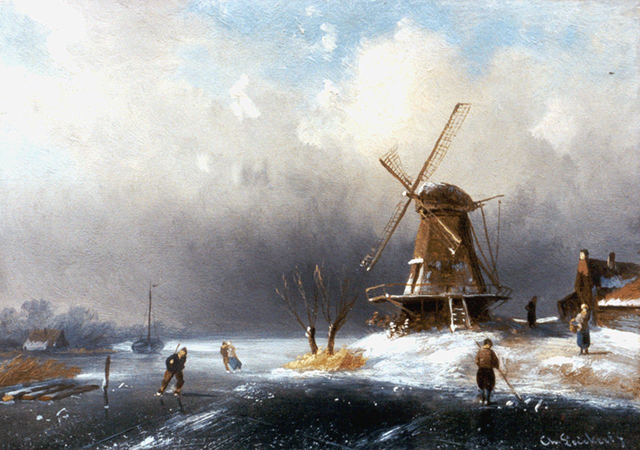 Leickert C.H.J. | 'Charles' Henri Joseph Leickert, Winterlandschap met schaatsers bij een molen, olieverf op paneel 12,9 x 18,3 cm, gesigneerd rechtsonder Leickert C.H.J. | 'Charles' Henri Joseph Leickert, Winterlandschap met schaatsers bij een molen, olieverf op paneel 12,9 x 18,3 cm, gesigneerd rechtsonder