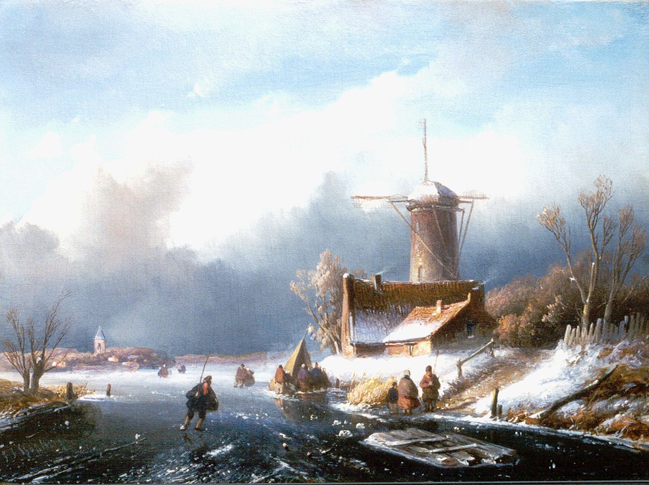 Spohler J.J. | Jan Jacob Spohler, Winterlandschap met schaatsers bij een molen, olieverf op paneel 26,5 x 36,0 cm, gesigneerd linksonder Spohler J.J. | Jan Jacob Spohler, Winterlandschap met schaatsers bij een molen, olieverf op paneel 26,5 x 36,0 cm, gesigneerd linksonder