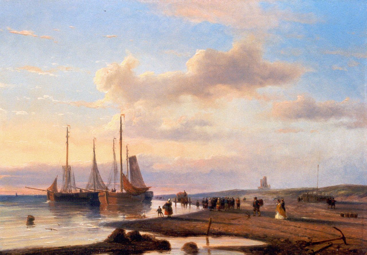 Roosenboom N.J. | Nicolaas Johannes Roosenboom, Visafslag op het strand met elegante figuren, olieverf op paneel 35,7 x 50,3 cm, gesigneerd rechtsonder Roosenboom N.J. | Nicolaas Johannes Roosenboom, Visafslag op het strand met elegante figuren, olieverf op paneel 35,7 x 50,3 cm, gesigneerd rechtsonder
