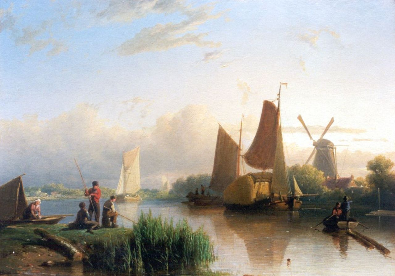 Rust J.A.  | Johan 'Adolph' Rust, Rivierlandschap met hengelaars, olieverf op paneel 24,2 x 33,5 cm, gesigneerd rechtsonder