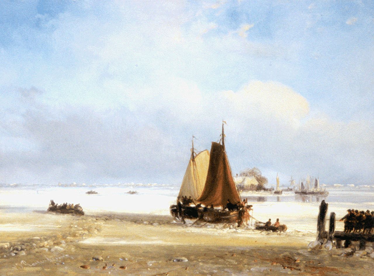 Roosenboom N.J. | Nicolaas Johannes Roosenboom, Scheepsverkeer op een bevroren rivierarm, olieverf op paneel 21,2 x 28,2 cm, gesigneerd linksonder Roosenboom N.J. | Nicolaas Johannes Roosenboom, Scheepsverkeer op een bevroren rivierarm, olieverf op paneel 21,2 x 28,2 cm, gesigneerd linksonder
