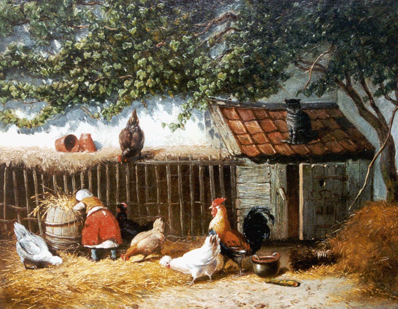 Smits J.G.  | Jan Gerard Smits, Kippen voeren, olieverf op paneel 24,7 x 31,4 cm, gesigneerd rechtsonder