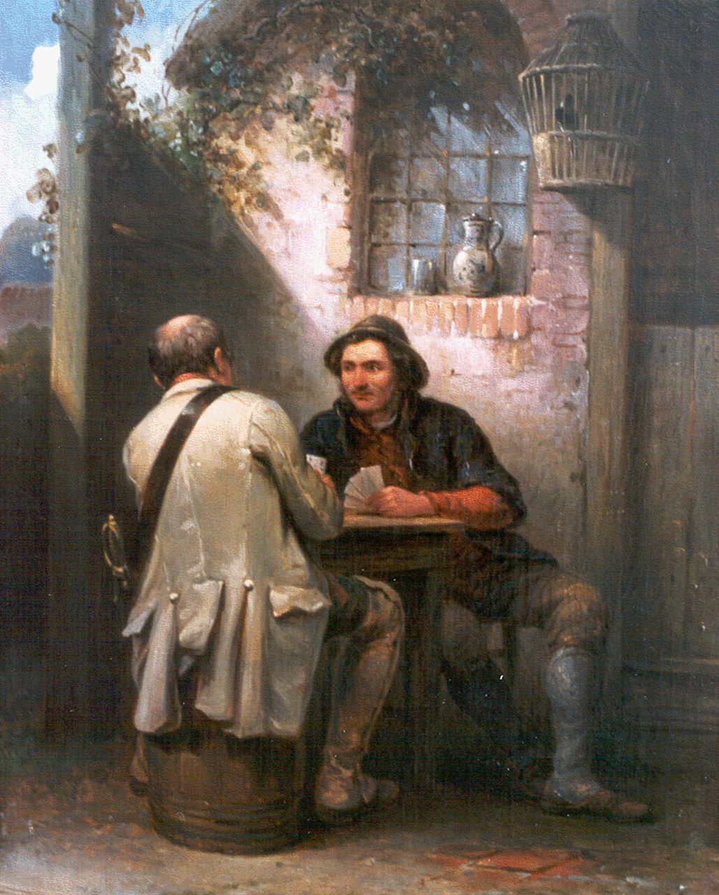 Hilverdink J.  | Johannes Hilverdink, Kaartspelende visser en soldaat, olieverf op doek 50,4 x 39,9 cm, gesigneerd rechtsonder met monogram en gedateerd '47