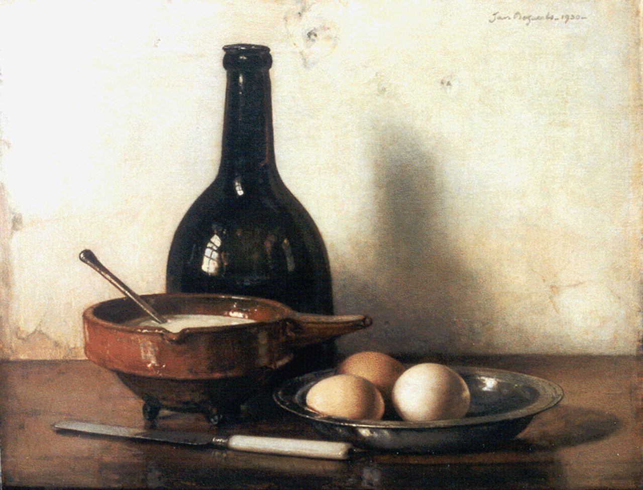 Bogaerts J.J.M. | Johannes Jacobus Maria 'Jan' Bogaerts, Stilleven met eieren in een tinnen schaal, olieverf op doek 40,5 x 50,4 cm, gesigneerd rechtsboven en gedateerd 1930 Bogaerts J.J.M. | Johannes Jacobus Maria 'Jan' Bogaerts, Stilleven met eieren in een tinnen schaal, olieverf op doek 40,5 x 50,4 cm, gesigneerd rechtsboven en gedateerd 1930