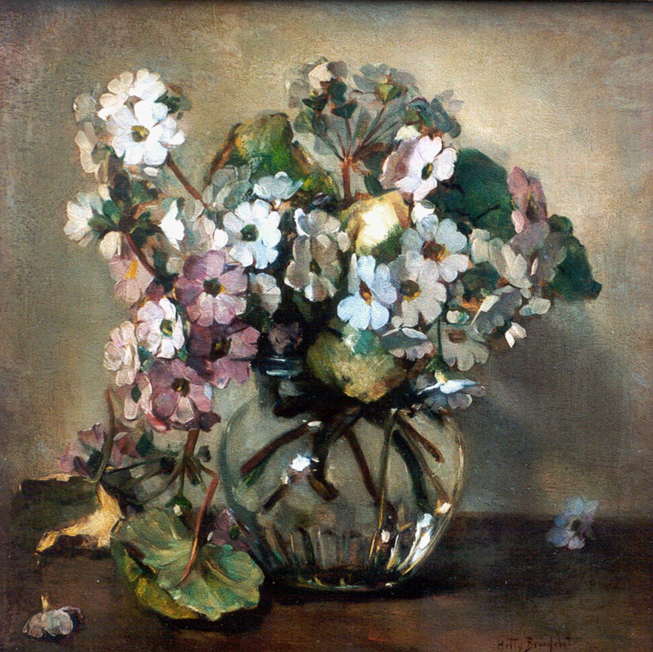 Broedelet-Henkes H. | Hester 'Hetty' Broedelet-Henkes, Primula's in glazen vaas, olieverf op paneel 28,3 x 27,7 cm, gesigneerd rechtsonder Broedelet-Henkes H. | Hester 'Hetty' Broedelet-Henkes, Primula's in glazen vaas, olieverf op paneel 28,3 x 27,7 cm, gesigneerd rechtsonder