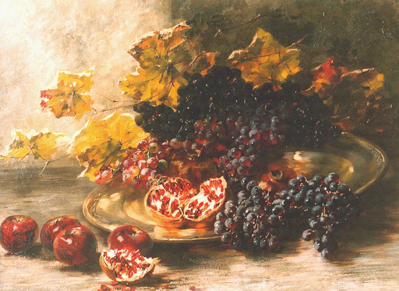 Schultheiss N. | Natalie Schultheiss, Stilleven van druiven en granaatappels, olieverf op doek 61,5 x 82,0 cm, gesigneerd rechtsboven en gedateerd 1914 Schultheiss N. | Natalie Schultheiss, Stilleven van druiven en granaatappels, olieverf op doek 61,5 x 82,0 cm, gesigneerd rechtsboven en gedateerd 1914