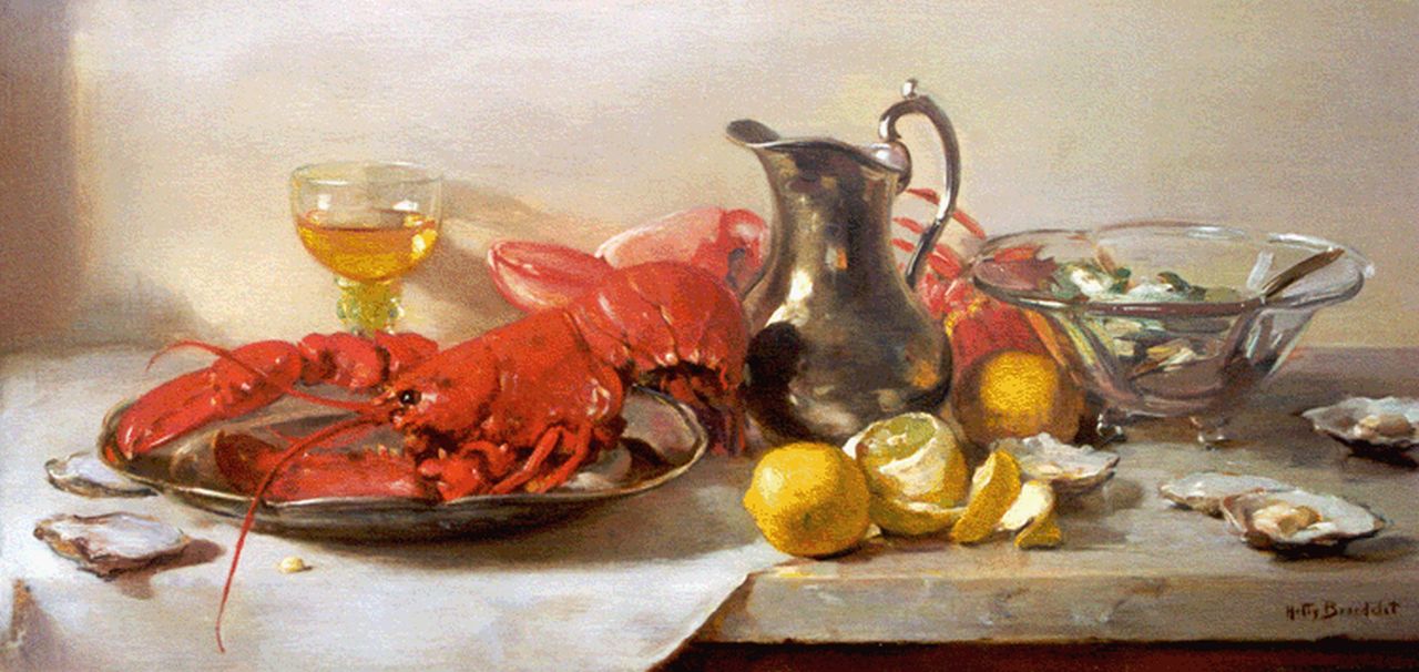 Broedelet-Henkes H.  | Hester 'Hetty' Broedelet-Henkes, Stilleven met kreeft en oesters, olieverf op paneel 33,5 x 71,9 cm, gesigneerd rechtsonder