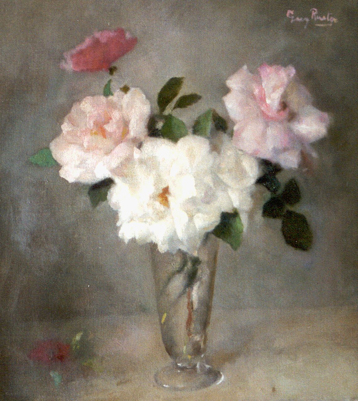 Rueter W.C.G.  | Wilhelm Christian 'Georg' Rueter, Rozen in glazen vaasje, olieverf op doek 45,1 x 41,5 cm, gesigneerd rechtsboven