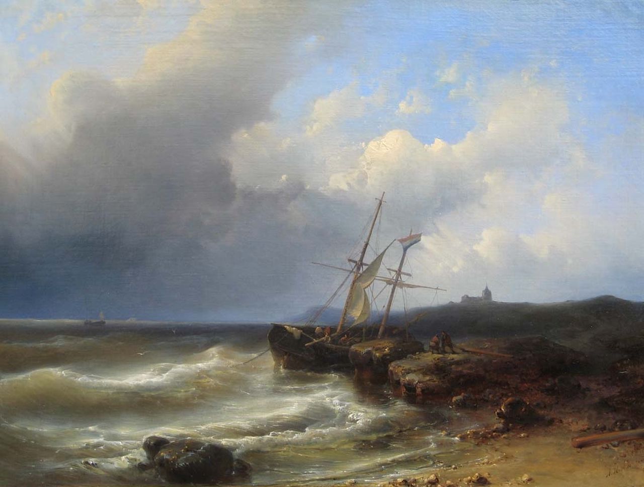 Hulk A.  | Abraham Hulk, Aangemeerd bij opkomende storm, olieverf op doek 54,8 x 72,5 cm, gesigneerd rechtsonder