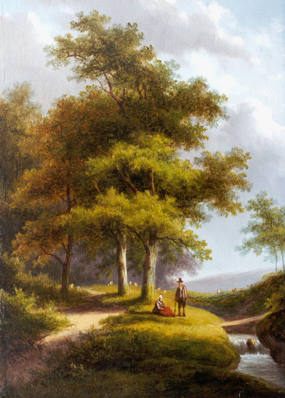 Morel II J.E. | Jan Evert Morel II, Rustend landvolk bij een beek, olieverf op paneel 20,4 x 15,1 cm, gesigneerd linksonder Morel II J.E. | Jan Evert Morel II, Rustend landvolk bij een beek, olieverf op paneel 20,4 x 15,1 cm, gesigneerd linksonder