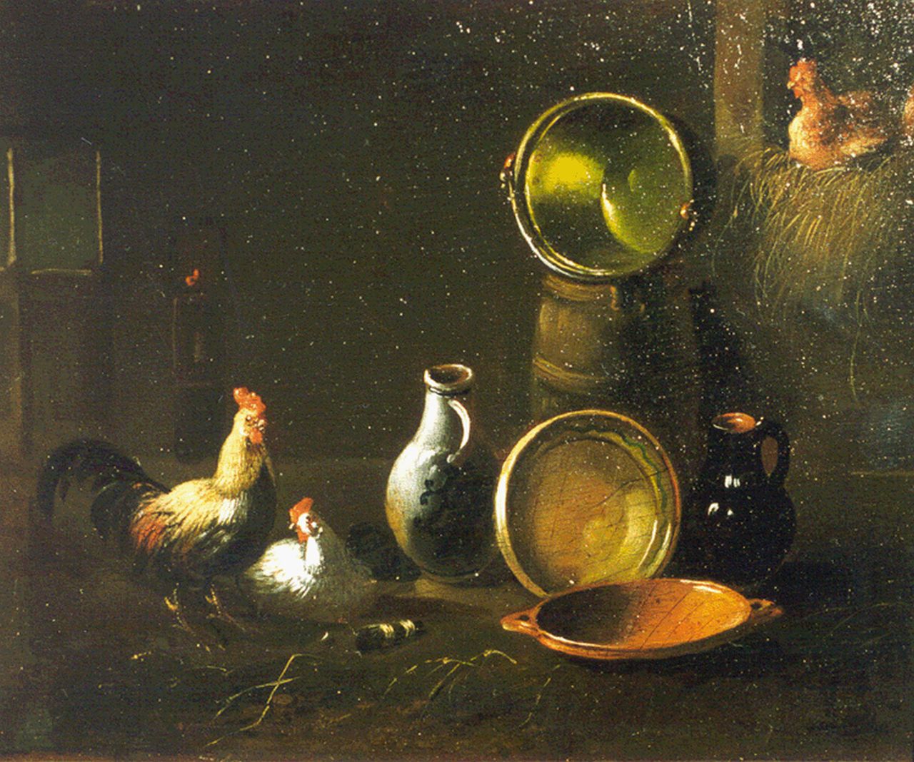 Verhoesen A. | Albertus Verhoesen, Pluimvee en vaatwerk in een stal, olieverf op paneel 14,0 x 16,6 cm Verhoesen A. | Albertus Verhoesen, Pluimvee en vaatwerk in een stal, olieverf op paneel 14,0 x 16,6 cm