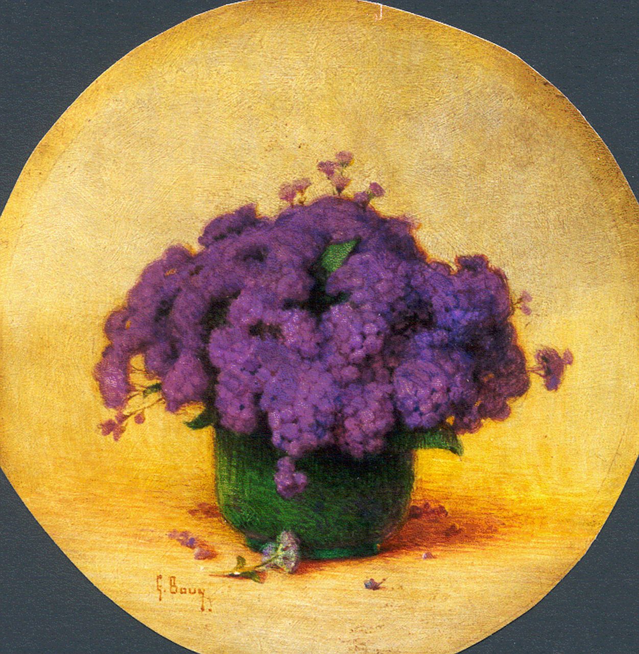 Bouy G. | Gaston Bouy, Kom met ageratum, olieverf op paneel 33,0 cm, gesigneerd linksonder Bouy G. | Gaston Bouy, Kom met ageratum, olieverf op paneel 33,0 cm, gesigneerd linksonder