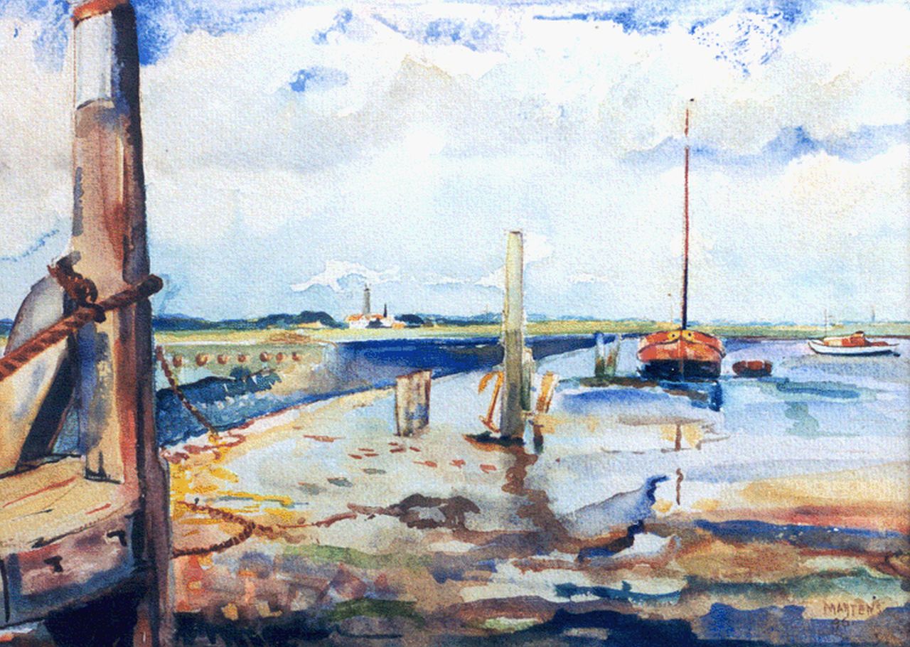 Martens G.G.  | Gijsbert 'George' Martens, Havengezichtje op Schiermonnikoog bij eb, aquarel op papier 27,5 x 38,0 cm, gesigneerd rechtsonder en gedateerd '46