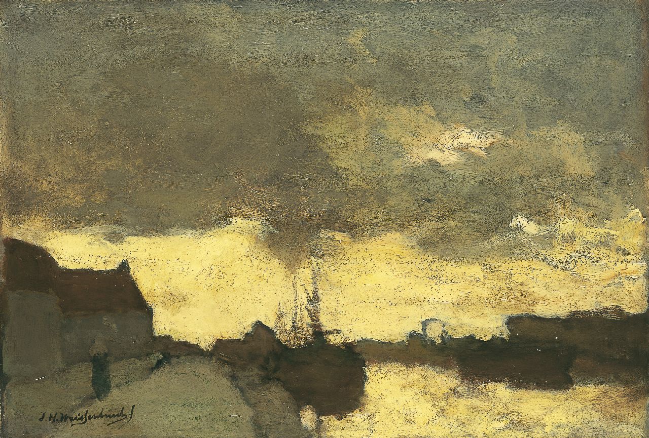 Weissenbruch H.J. | Hendrik Johannes 'J.H.' Weissenbruch, Havengezicht in Leidschendam bij avondlicht, olieverf op doek 43,0 x 62,3 cm, gesigneerd linksonder en te dateren 1894 Weissenbruch H.J. | Hendrik Johannes 'J.H.' Weissenbruch, Havengezicht in Leidschendam bij avondlicht, olieverf op doek 43,0 x 62,3 cm, gesigneerd linksonder en te dateren 1894