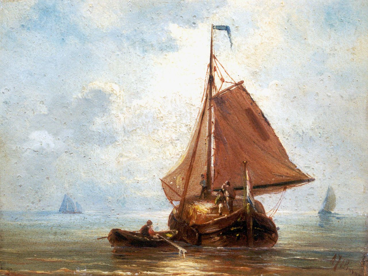 Prooijen A.J. van | Albert Jurardus van Prooijen, Schepen in een baai bij kalm weer, olieverf op paneel 14,7 x 18,8 cm, gesigneerd rechtsonder