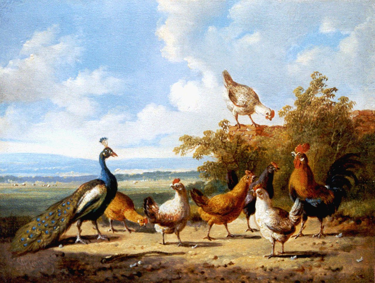 Verhoesen A. | Albertus Verhoesen, Landschap met pluimvee en een pauw, olieverf op paneel 14,6 x 19,1 cm, gesigneerd linksonder en gedateerd 1879 Verhoesen A. | Albertus Verhoesen, Landschap met pluimvee en een pauw, olieverf op paneel 14,6 x 19,1 cm, gesigneerd linksonder en gedateerd 1879
