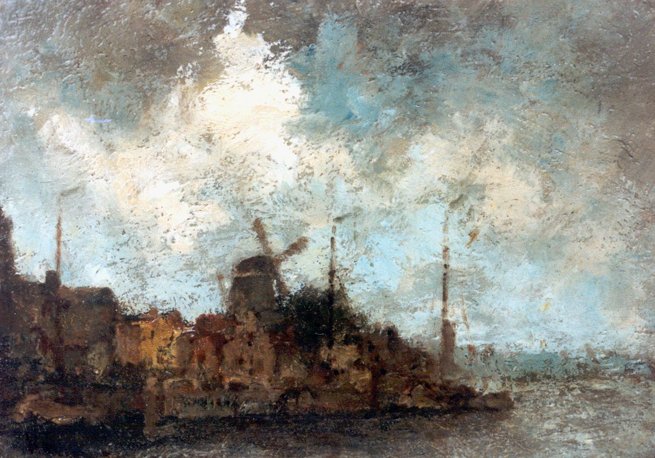Blommers B.J.  | Bernardus Johannes 'Bernard' Blommers, Stadskade bij avond aan de rivier, olieverf op paneel 12,0 x 16,0 cm, gesigneerd linksonder