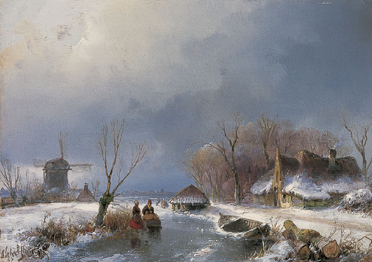 Schelfhout A. | Andreas Schelfhout, Wintergezicht met figuren op het ijs bij een molen, olieverf op paneel 14,0 x 19,5 cm, gesigneerd linksonder en gedateerd '47 Schelfhout A. | Andreas Schelfhout, Wintergezicht met figuren op het ijs bij een molen, olieverf op paneel 14,0 x 19,5 cm, gesigneerd linksonder en gedateerd '47