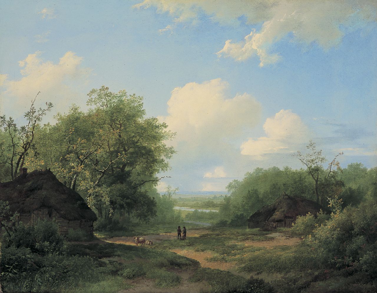 Koekkoek I M.A.  | Marinus Adrianus Koekkoek I, Boerenwoningen in een zomers rivierlandschap, olieverf op doek 42,5 x 53,9 cm, gesigneerd middenonder en gedateerd 1858