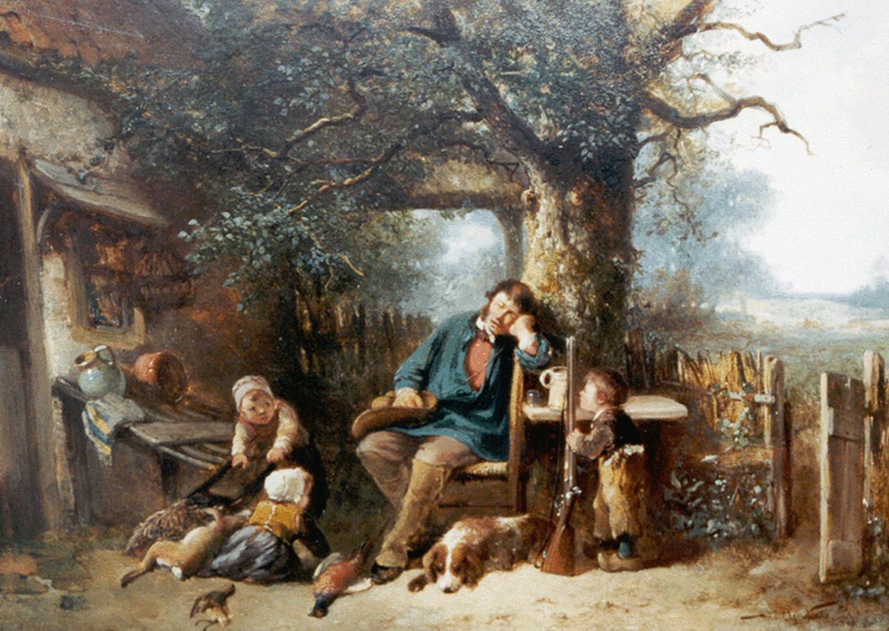 Kate J.M.H. ten | Johan 'Mari' Henri ten Kate, De slapende jager, olieverf op paneel 25,9 x 36,5 cm, gesigneerd rechtsonder Kate J.M.H. ten | Johan 'Mari' Henri ten Kate, De slapende jager, olieverf op paneel 25,9 x 36,5 cm, gesigneerd rechtsonder