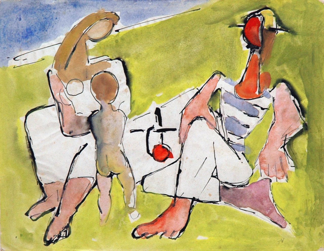Velde G. van | Gerardus 'Geer' van Velde, Een dag aan het strand, Oost-Indische inkt en aquarel op papier 20,7 x 26,8 cm, gesigneerd rechtsonder met ini en te dateren ca. 1944-45 Velde G. van | Gerardus 'Geer' van Velde, Een dag aan het strand, Oost-Indische inkt en aquarel op papier 20,7 x 26,8 cm, gesigneerd rechtsonder met ini en te dateren ca. 1944-45