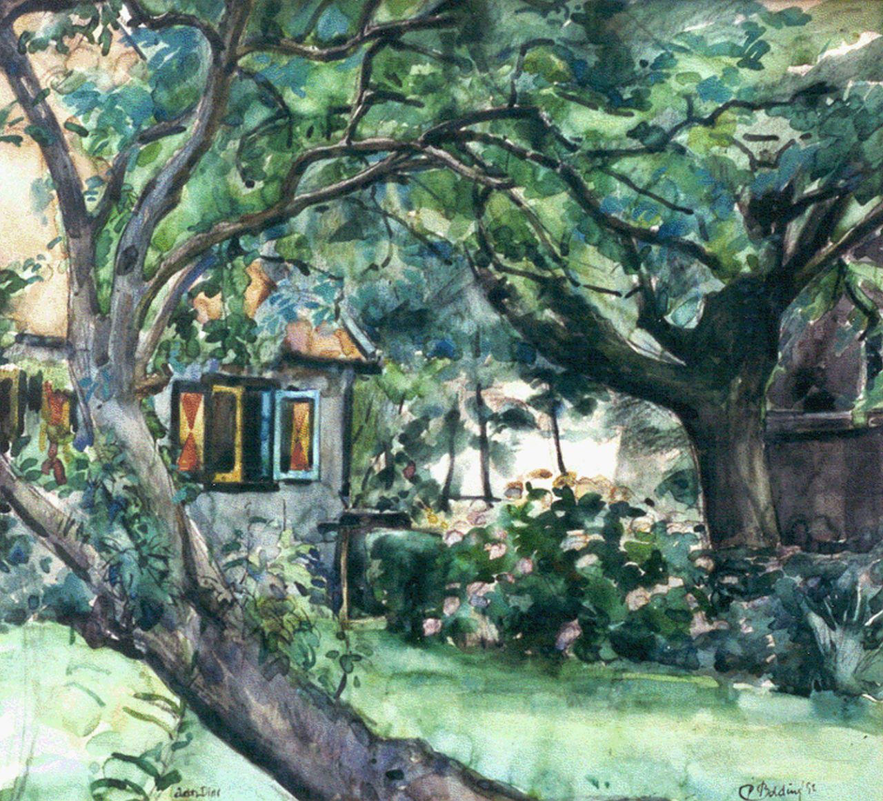 Bolding C.  | Cornelis 'Cees' Bolding, Tuin met bomen, krijt en aquarel op papier 41,6 x 45,6 cm, gesigneerd rechtsonder en gedateerd '52