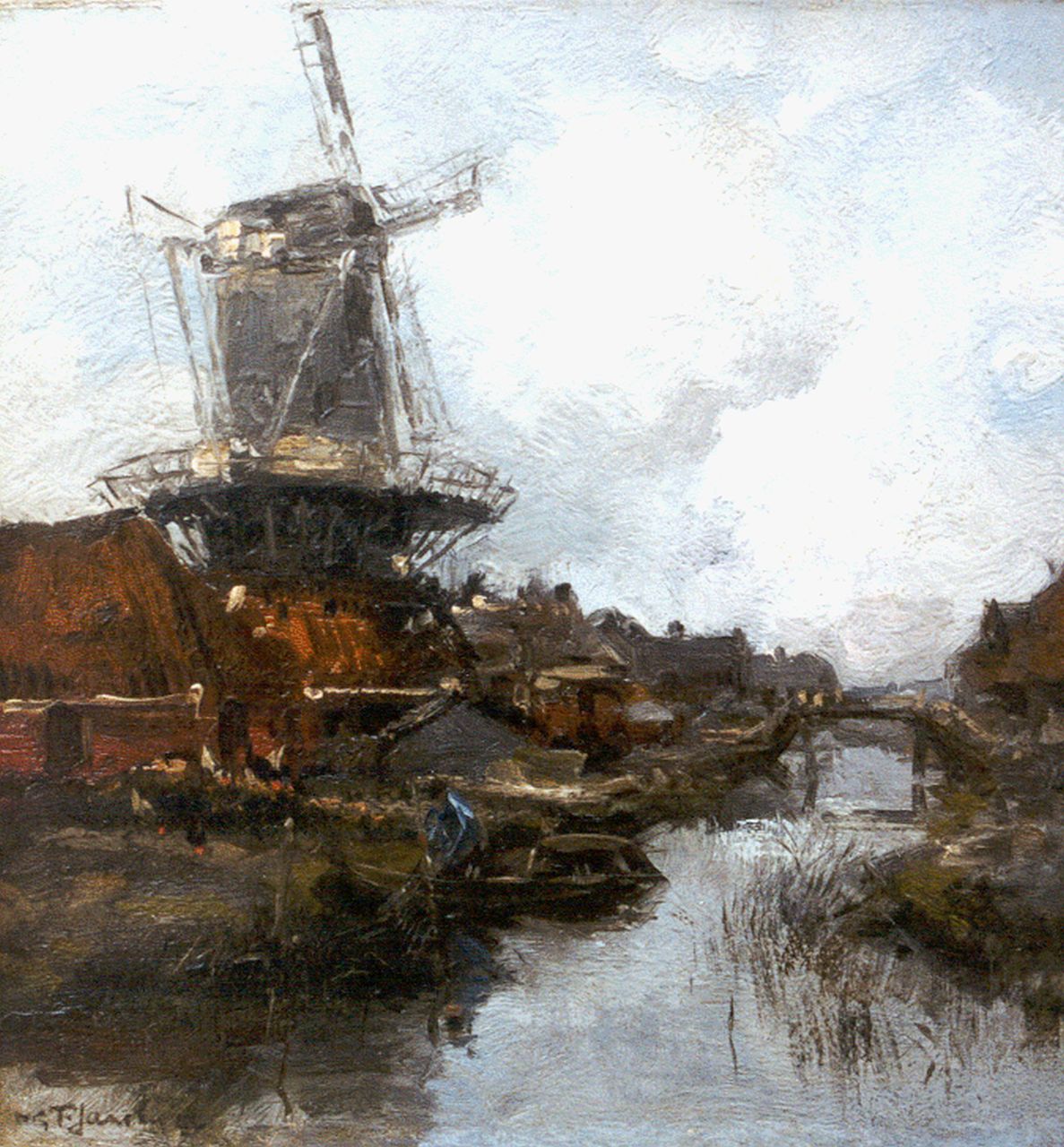Jansen W.G.F. | 'Willem' George Frederik Jansen, Houtzaagmolen aan een vaart, olieverf op doek 31,3 x 29,6 cm, gesigneerd linksonder en gedateerd '22 Jansen W.G.F. | 'Willem' George Frederik Jansen, Houtzaagmolen aan een vaart, olieverf op doek 31,3 x 29,6 cm, gesigneerd linksonder en gedateerd '22