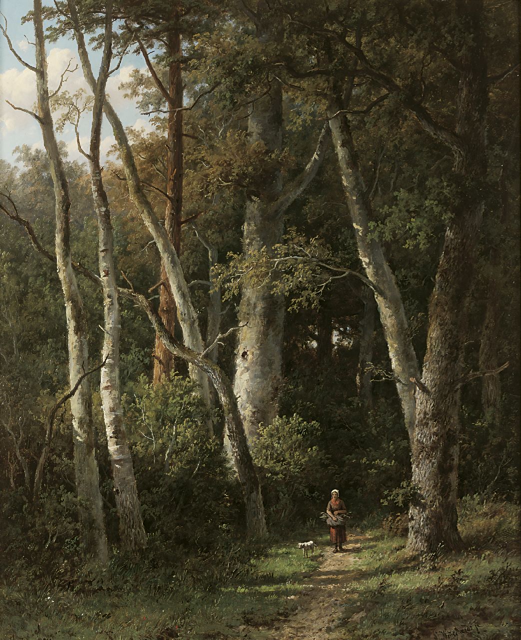 Wijngaerdt A.J. van | Anthonie Jacobus van Wijngaerdt, Houtsprokkelaarster op een bospad, olieverf op paneel 66,2 x 54,0 cm, gesigneerd rechtsonder Wijngaerdt A.J. van | Anthonie Jacobus van Wijngaerdt, Houtsprokkelaarster op een bospad, olieverf op paneel 66,2 x 54,0 cm, gesigneerd rechtsonder