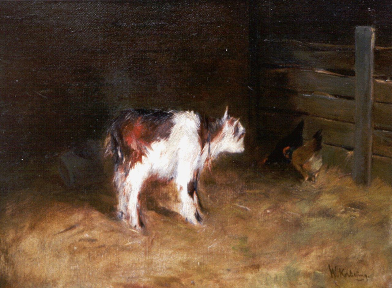 Korteling W.  | Willem Korteling, Geitje met kip, olieverf op doek 31,0 x 40,1 cm, gesigneerd rechtsonder