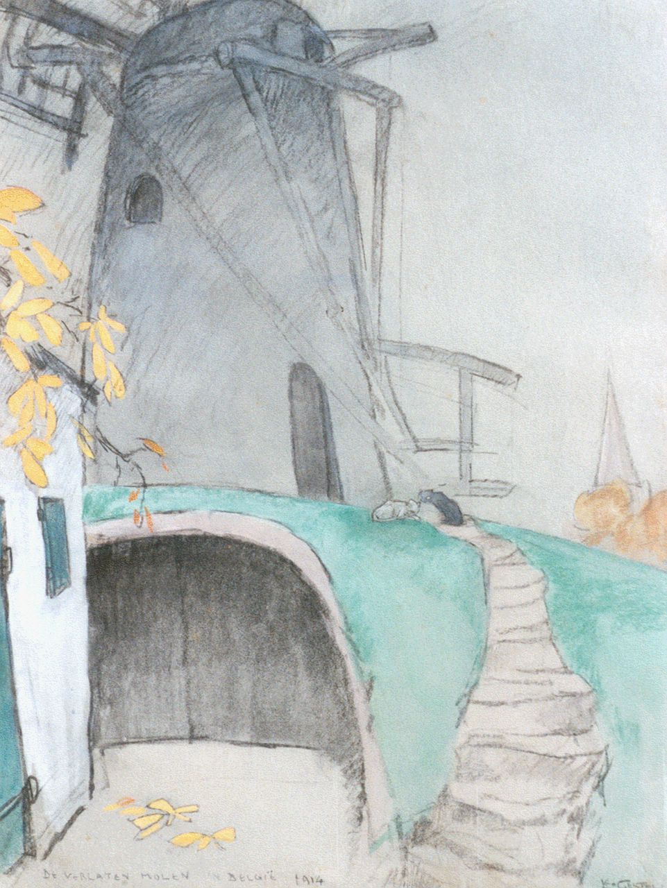 Gestel L. | Leendert 'Leo' Gestel, De verlaten molen in België, zwart krijt, aquarel en pastel op papier 51,0 x 38,5 cm, gesigneerd rechtsonder en gedateerd 1914 Gestel L. | Leendert 'Leo' Gestel, De verlaten molen in België, zwart krijt, aquarel en pastel op papier 51,0 x 38,5 cm, gesigneerd rechtsonder en gedateerd 1914