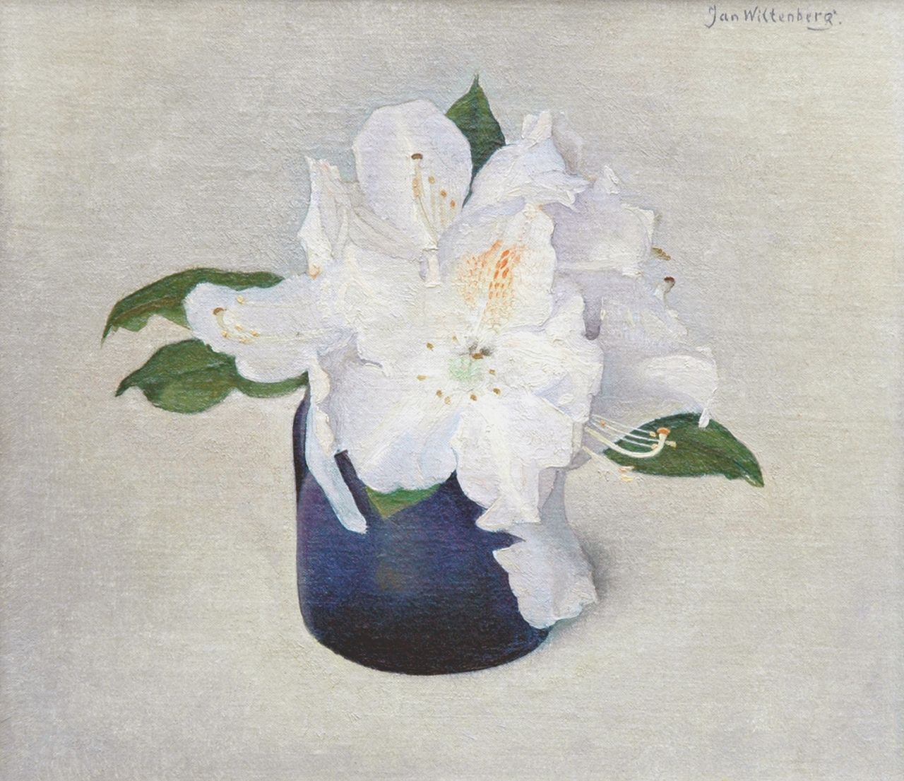 Wittenberg J.H.W. | 'Jan' Hendrik Willem Wittenberg, Stilleven met rododendrons in een blauwe vaas, olieverf op doek op paneel 20,6 x 23,5 cm, gesigneerd rechtsboven en verso Wittenberg J.H.W. | 'Jan' Hendrik Willem Wittenberg, Stilleven met rododendrons in een blauwe vaas, olieverf op doek op paneel 20,6 x 23,5 cm, gesigneerd rechtsboven en verso