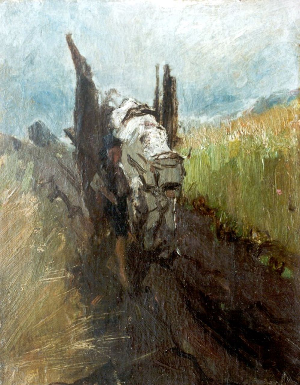 Maris W. | Willem Maris, Boer met vee op een landweg, olieverf op papier op paneel 22,1 x 17,2 cm, gesigneerd linksonder Maris W. | Willem Maris, Boer met vee op een landweg, olieverf op papier op paneel 22,1 x 17,2 cm, gesigneerd linksonder