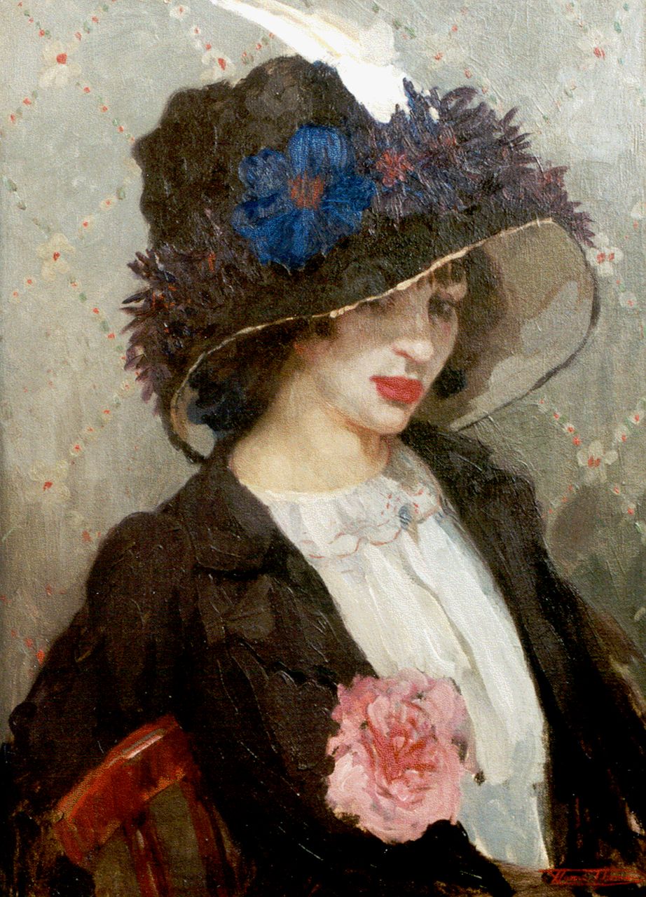 Thomas H.J. | Henri Joseph Thomas, Jonge vrouw met hoed, olieverf op doek 70,3 x 50,8 cm, gesigneerd rechtsonder Thomas H.J. | Henri Joseph Thomas, Jonge vrouw met hoed, olieverf op doek 70,3 x 50,8 cm, gesigneerd rechtsonder