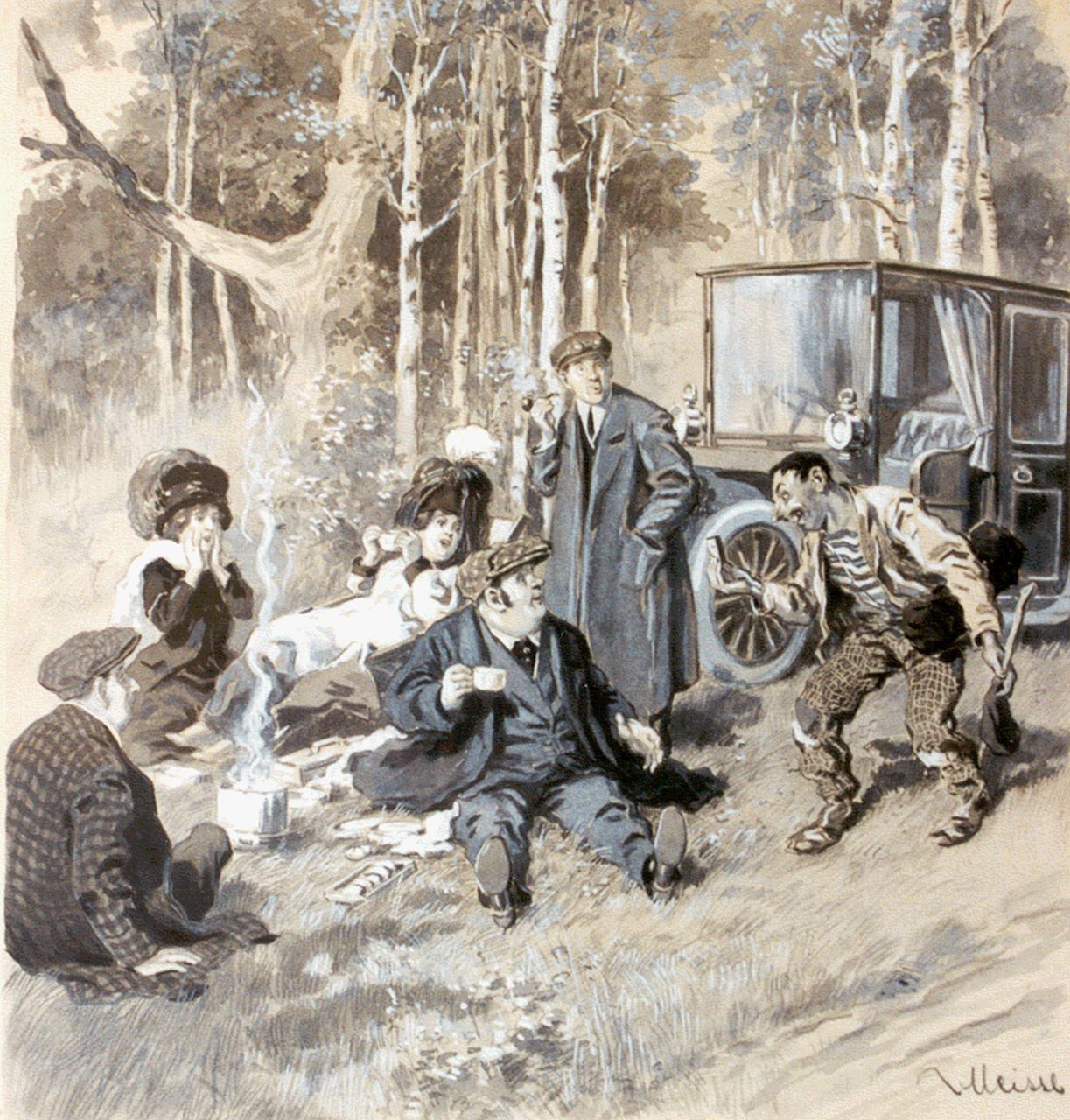 Meissl A.E. Ritter von | August Meissl, De landloper, potlood en gouache op papier 35,0 x 32,5 cm, gesigneerd rechtsonder en verso gedateerd 1910 Meissl A.E. Ritter von | August Meissl, De landloper, potlood en gouache op papier 35,0 x 32,5 cm, gesigneerd rechtsonder en verso gedateerd 1910