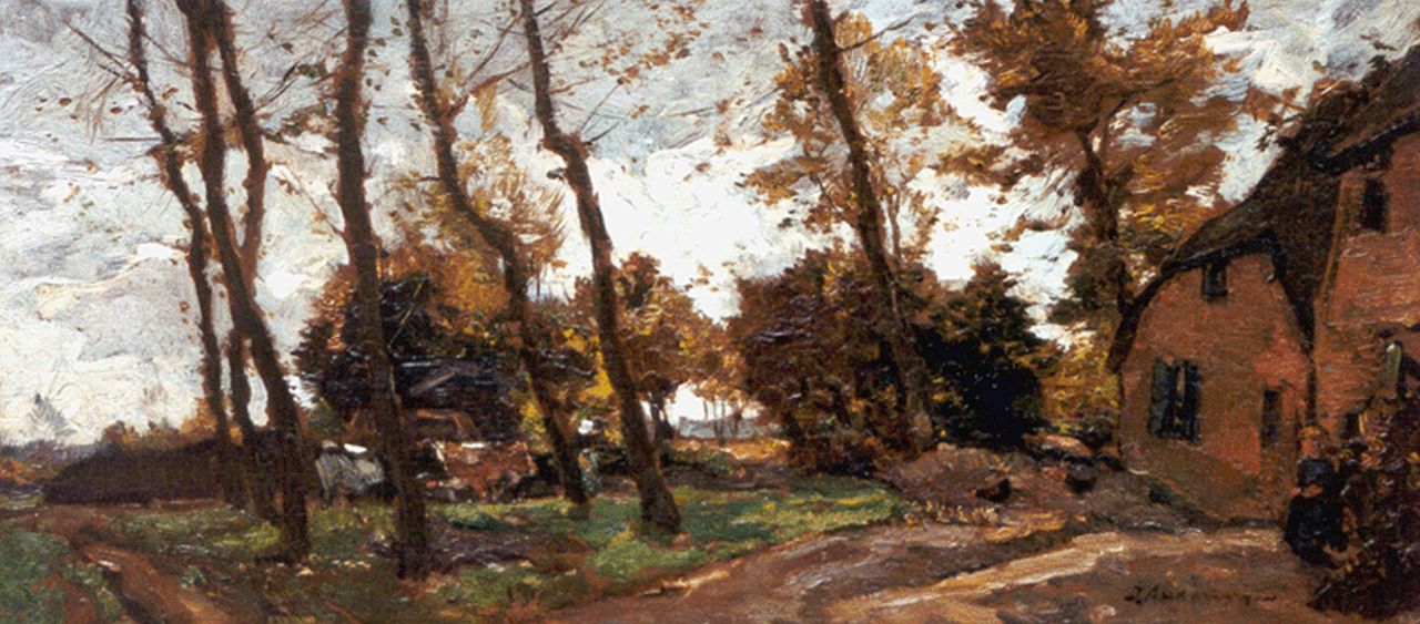 Akkeringa J.E.H. | 'Johannes Evert' Hendrik Akkeringa, Boerderij in de herfst, olieverf op paneel 18,7 x 40,1 cm, gesigneerd rechtsonder Akkeringa J.E.H. | 'Johannes Evert' Hendrik Akkeringa, Boerderij in de herfst, olieverf op paneel 18,7 x 40,1 cm, gesigneerd rechtsonder