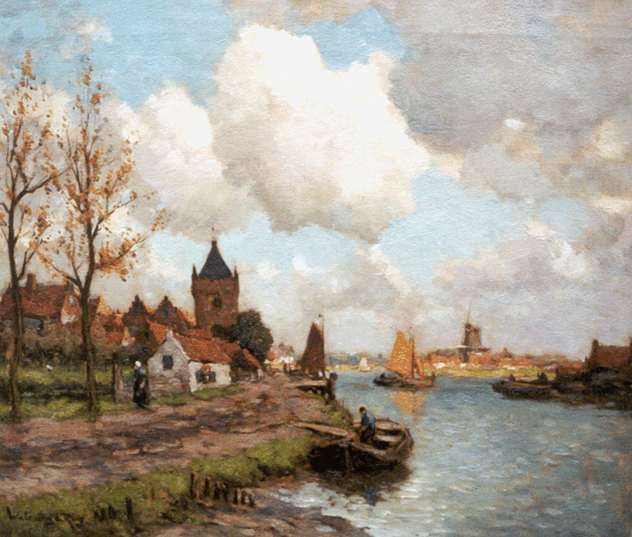 Wetering de Rooij J.E. van de | Johannes Embrosius van de Wetering de Rooij, Herfststemming op de Lek bij Vianen, olieverf op doek 50,6 x 60,3 cm, gesigneerd linksonder Wetering de Rooij J.E. van de | Johannes Embrosius van de Wetering de Rooij, Herfststemming op de Lek bij Vianen, olieverf op doek 50,6 x 60,3 cm, gesigneerd linksonder