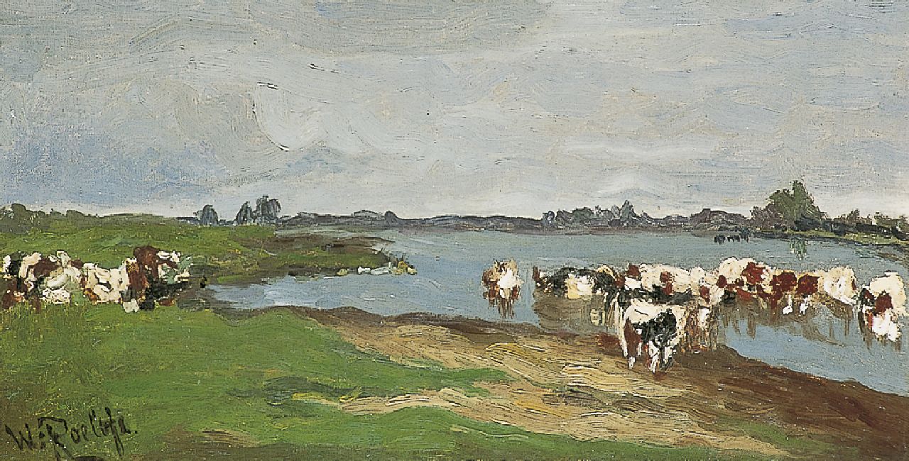Roelofs W. | Willem Roelofs, Koeien bij een vaart, olieverf op doek 24,0 x 44,2 cm, gesigneerd linksonder Roelofs W. | Willem Roelofs, Koeien bij een vaart, olieverf op doek 24,0 x 44,2 cm, gesigneerd linksonder