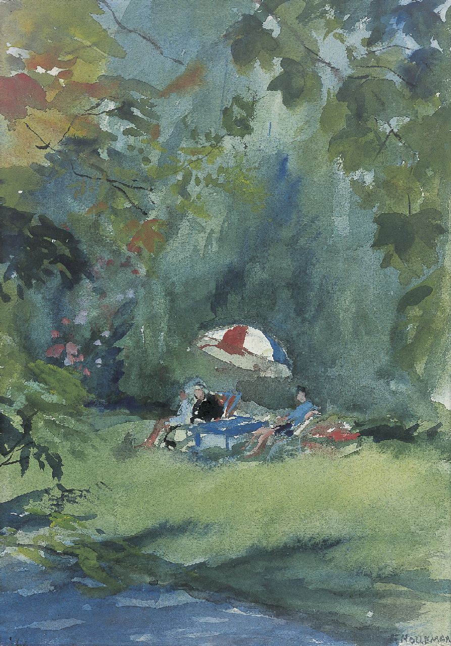 Holleman F. | Frida Holleman, Picknick onder een parasol, aquarel op papier 31,0 x 22,0 cm, gesigneerd rechtsonder en gedateerd '63 Holleman F. | Frida Holleman, Picknick onder een parasol, aquarel op papier 31,0 x 22,0 cm, gesigneerd rechtsonder en gedateerd '63