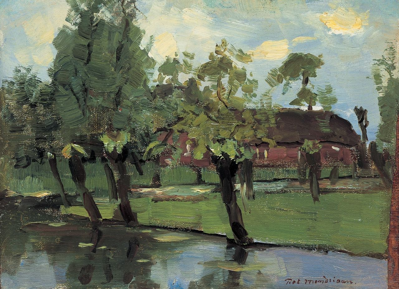 Mondriaan P.C. | Pieter Cornelis 'Piet' Mondriaan, Boerderij met wilgen aan het water, olieverf op doek op paneel 23,5 x 32,0 cm, gesigneerd rechtsonder en te dateren ca. 1903 Mondriaan P.C. | Pieter Cornelis 'Piet' Mondriaan, Boerderij met wilgen aan het water, olieverf op doek op paneel 23,5 x 32,0 cm, gesigneerd rechtsonder en te dateren ca. 1903