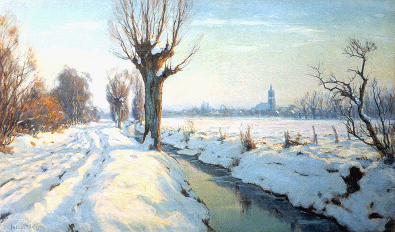 Meijer J. | Johannes 'Johan' Meijer, Winteravond-Zon bij Blaricum, olieverf op doek 61,0 x 100,5 cm, gesigneerd linksonder Meijer J. | Johannes 'Johan' Meijer, Winteravond-Zon bij Blaricum, olieverf op doek 61,0 x 100,5 cm, gesigneerd linksonder