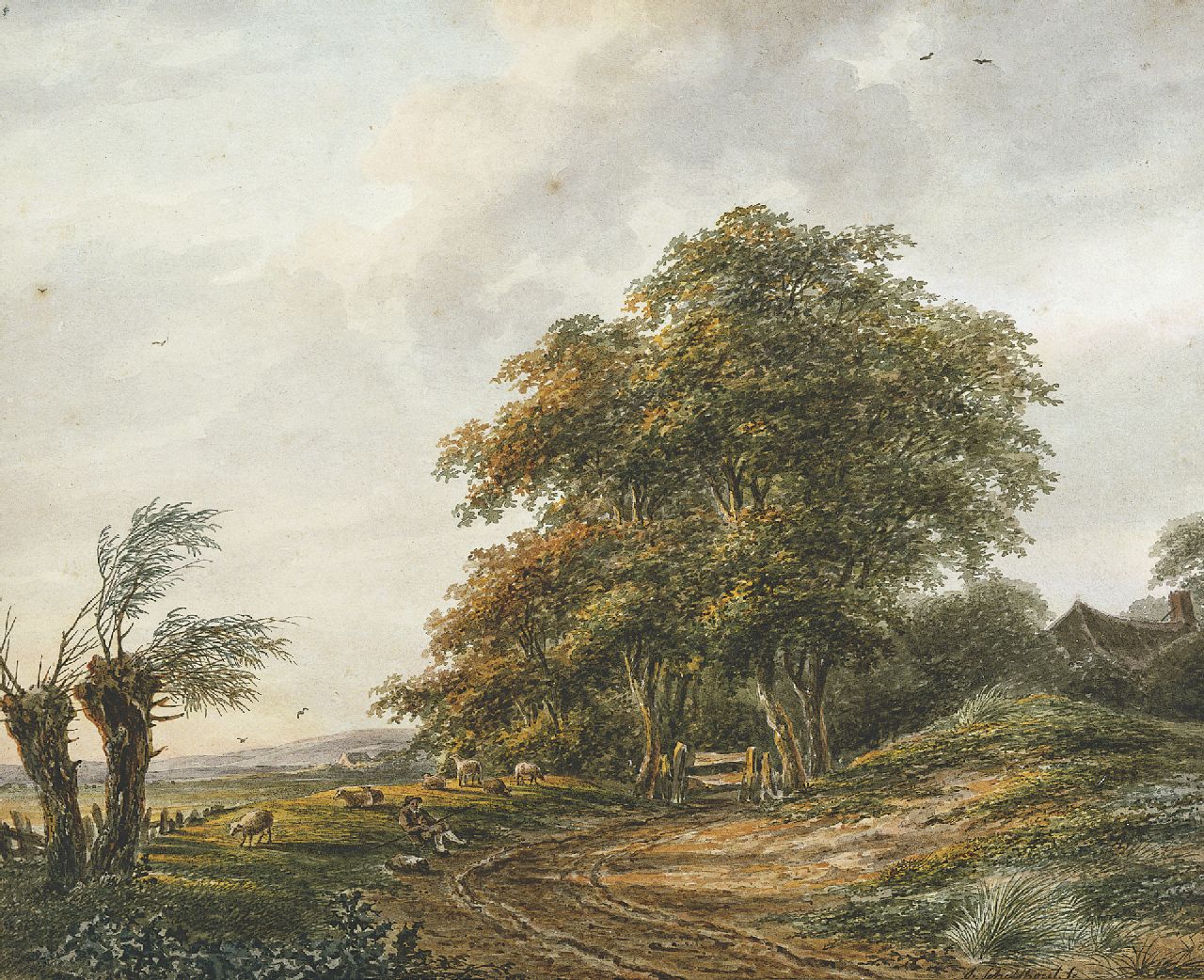 Schelfhout A. | Andreas Schelfhout, Landschap met rustende herder, aquarel op papier 22,7 x 28,2 cm, gesigneerd rechtsonder en te dateren ca. 1810-1812 Schelfhout A. | Andreas Schelfhout, Landschap met rustende herder, aquarel op papier 22,7 x 28,2 cm, gesigneerd rechtsonder en te dateren ca. 1810-1812