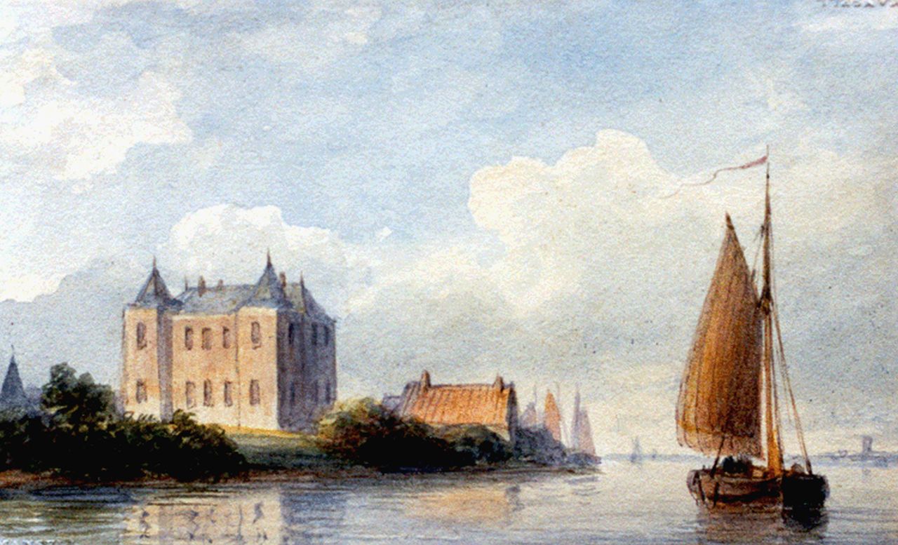 Kleijn L.J. | Lodewijk Johannes Kleijn, Gezicht op de Merwede met Slot Loevestein, aquarel op papier 6,3 x 10,3 cm Kleijn L.J. | Lodewijk Johannes Kleijn, Gezicht op de Merwede met Slot Loevestein, aquarel op papier 6,3 x 10,3 cm