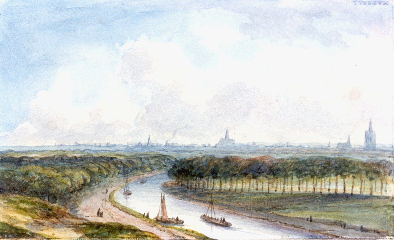 Kleijn L.J. | Lodewijk Johannes Kleijn, Gezicht op de Vliet bij Den Haag, aquarel op papier 6,5 x 10,5 cm Kleijn L.J. | Lodewijk Johannes Kleijn, Gezicht op de Vliet bij Den Haag, aquarel op papier 6,5 x 10,5 cm