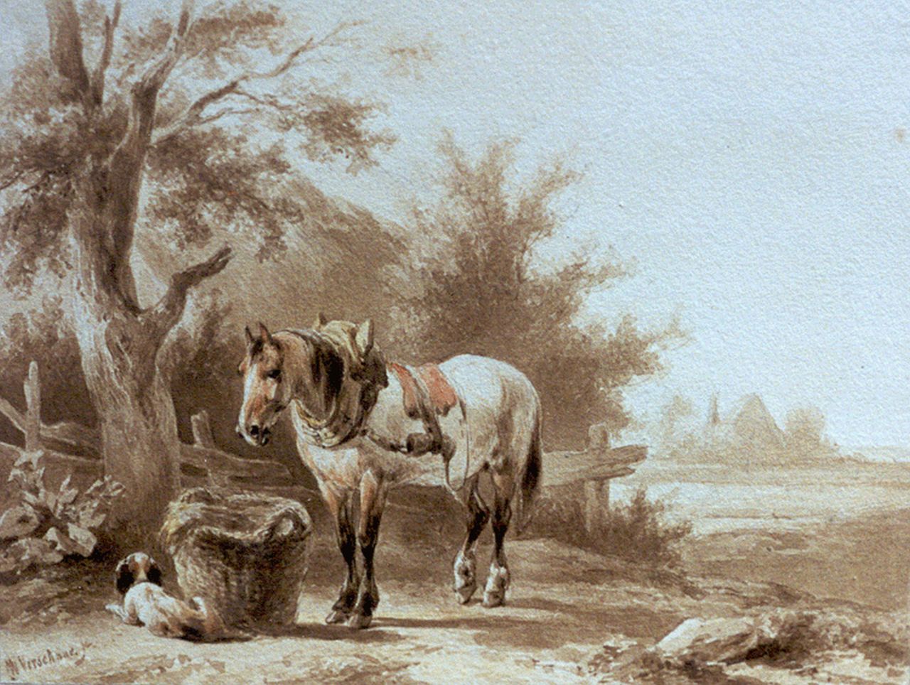 Verschuur W. | Wouterus Verschuur, Rustend werkpaard bij mand met hooi, inkt op papier 13,7 x 18,0 cm, gesigneerd linksonder Verschuur W. | Wouterus Verschuur, Rustend werkpaard bij mand met hooi, inkt op papier 13,7 x 18,0 cm, gesigneerd linksonder