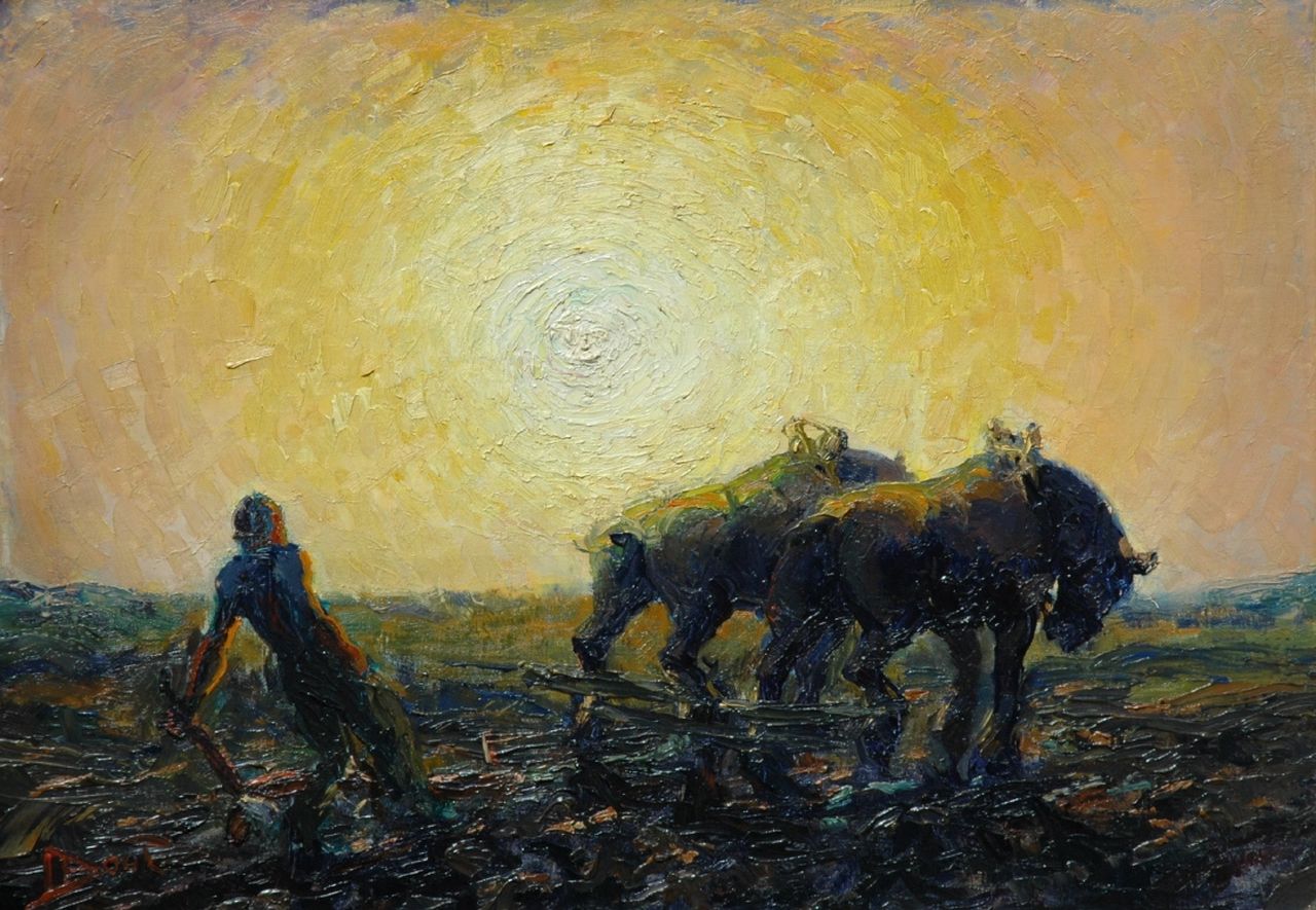 Bout J.D.  | Jan Daniël 'Daan' Bout, Ploegende paarden, olieverf op doek 50,4 x 70,7 cm, gesigneerd linksonder
