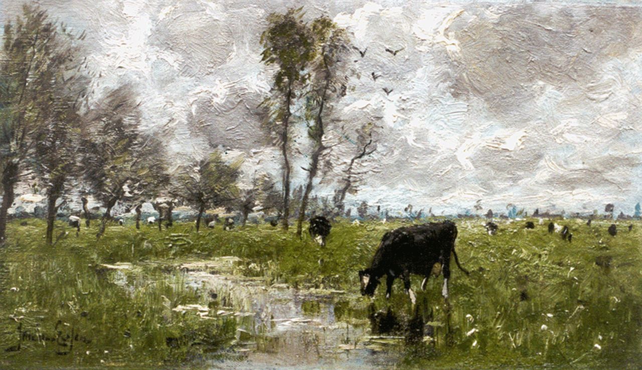 Essen J.C. van | Johannes Cornelis 'Jan' van Essen, Polderlandschap met grazende koeien, olieverf op doek 17,3 x 29,0 cm, gesigneerd linksonder Essen J.C. van | Johannes Cornelis 'Jan' van Essen, Polderlandschap met grazende koeien, olieverf op doek 17,3 x 29,0 cm, gesigneerd linksonder