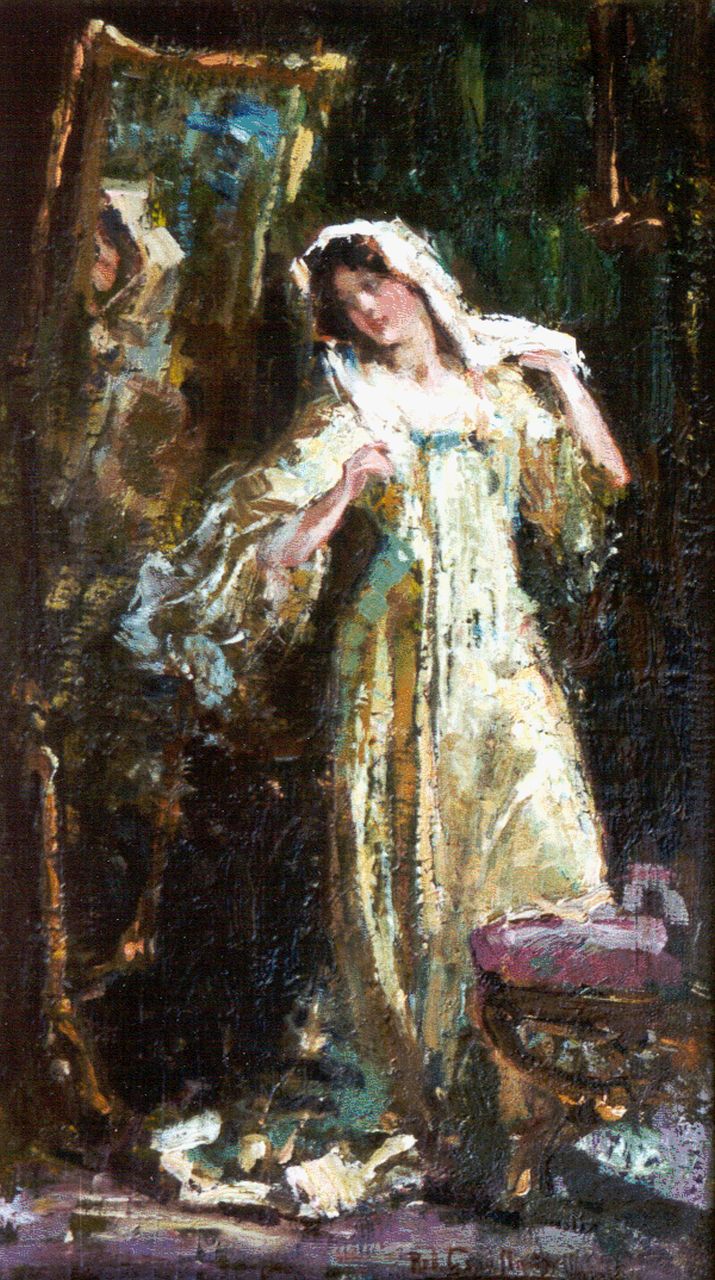 Graafland R.A.A.J. | Robert Archibald Antonius Joan 'Rob' Graafland, Jonge vrouw bij een spiegel, olieverf op doek 36,8 x 21,5 cm, gesigneerd rechtsonder en gedateerd 1912 Graafland R.A.A.J. | Robert Archibald Antonius Joan 'Rob' Graafland, Jonge vrouw bij een spiegel, olieverf op doek 36,8 x 21,5 cm, gesigneerd rechtsonder en gedateerd 1912