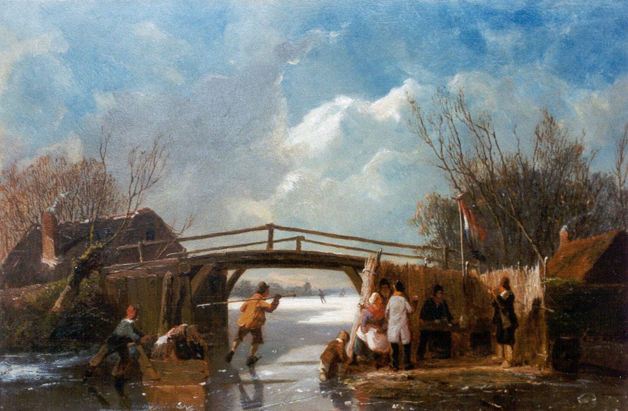 Borselen P. van | Pieter van Borselen, IJsgezicht met schaatsers bij een bruggetje, olieverf op paneel 30,1 x 44,5 cm, gesigneerd linksonder met initialen Borselen P. van | Pieter van Borselen, IJsgezicht met schaatsers bij een bruggetje, olieverf op paneel 30,1 x 44,5 cm, gesigneerd linksonder met initialen