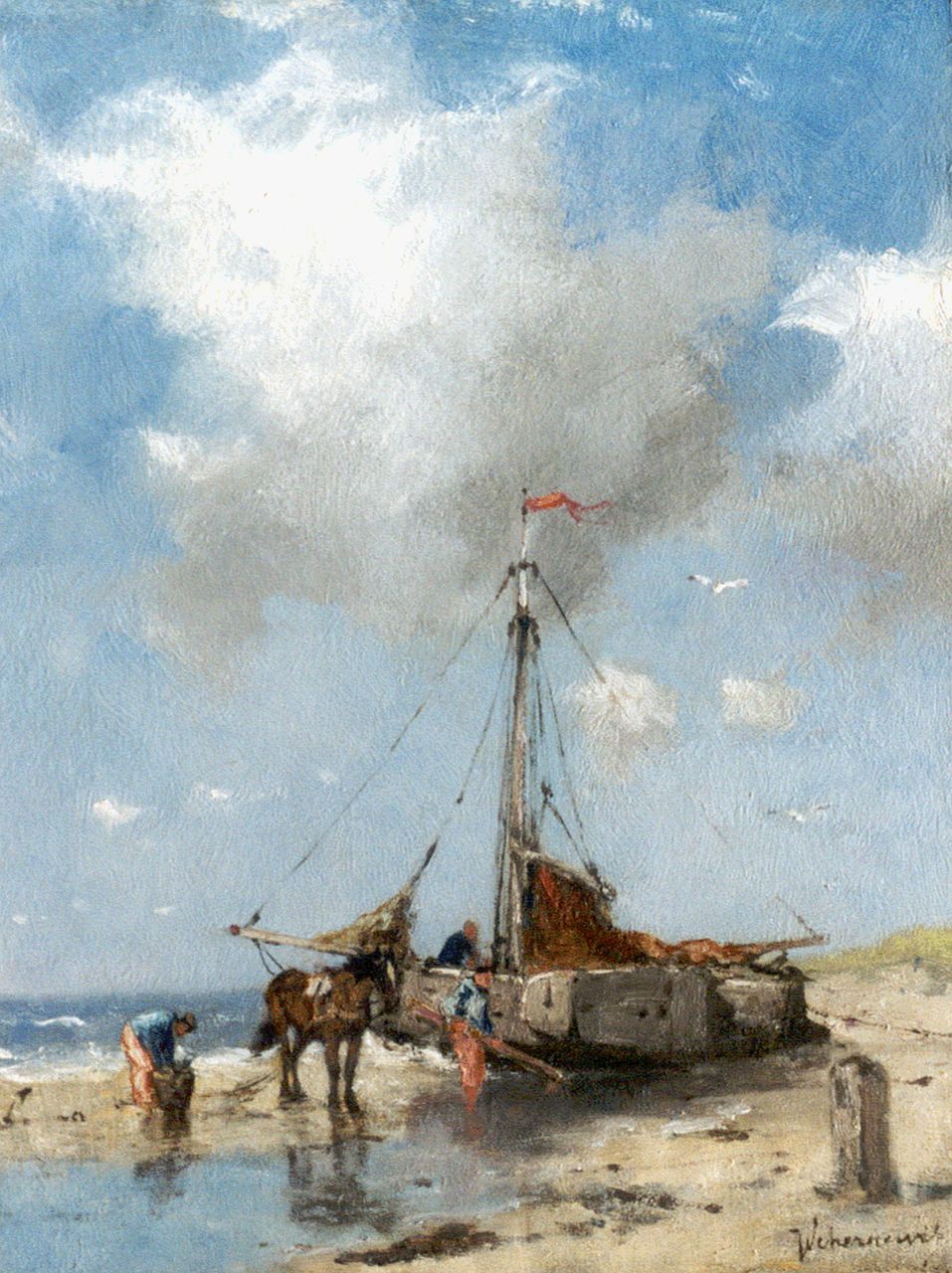 Scherrewitz J.F.C. | Johan Frederik Cornelis Scherrewitz, Schelpenvissers bij een platbodem op het strand, 26,2 x 20,2 cm, gesigneerd rechtsonder Scherrewitz J.F.C. | Johan Frederik Cornelis Scherrewitz, Schelpenvissers bij een platbodem op het strand, 26,2 x 20,2 cm, gesigneerd rechtsonder